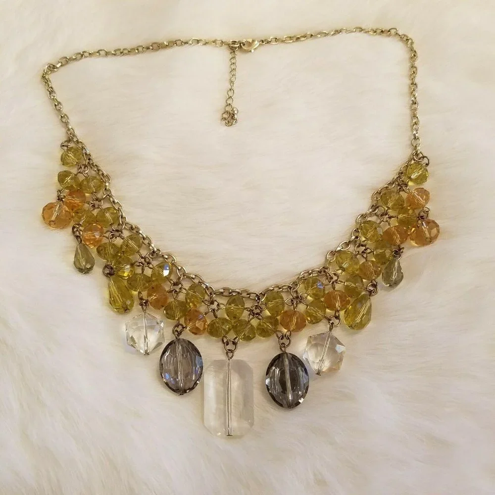 Victorian Regency Glass Bib Necklace Green Gold Tone Festival‎ Gypsy Chunky 2366
